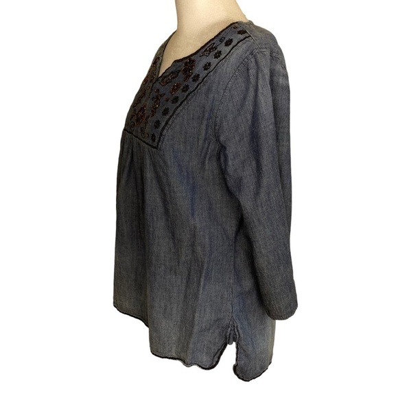Cato Boho Peasant Blouse Beaded & Embroidered Blouse Dark Wash Roll Tab M - Picture 5 of 16